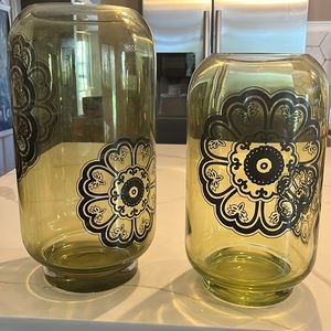 Vintage 70s Olive set of 2 large floral vases/Hurricane candle holders 12”& 14”